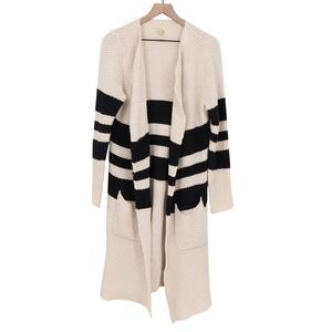 Chaser Cardigan Sweater Womens Medium Beige Black Striped Cotton Knit Open Front